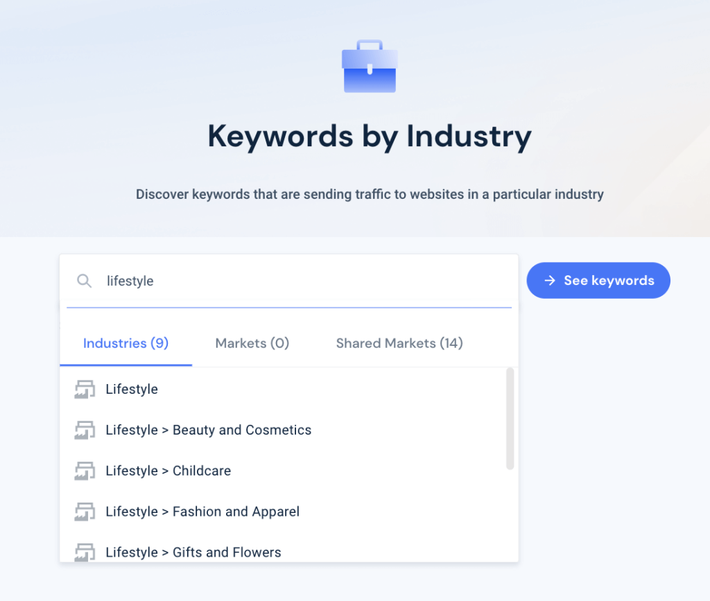 Screenshot of Similarweb keywords by industry selection window.
