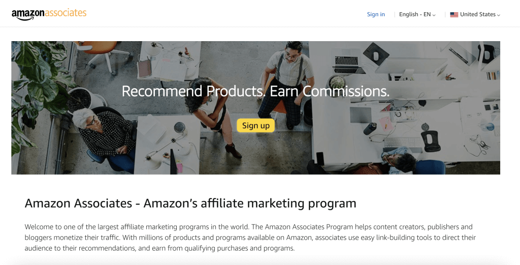 Screenshot of Amazon Associates Homepage