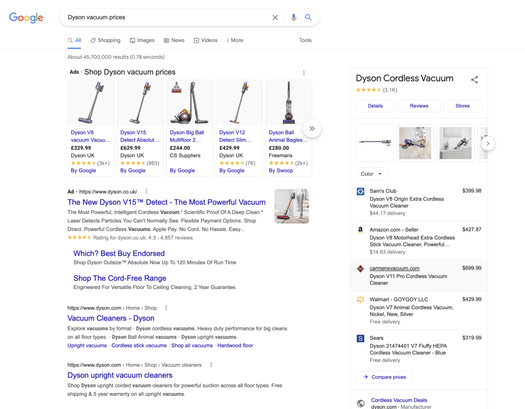 Google results page for "Dyson Vacuum prices", a keyword with transactional search intent. 