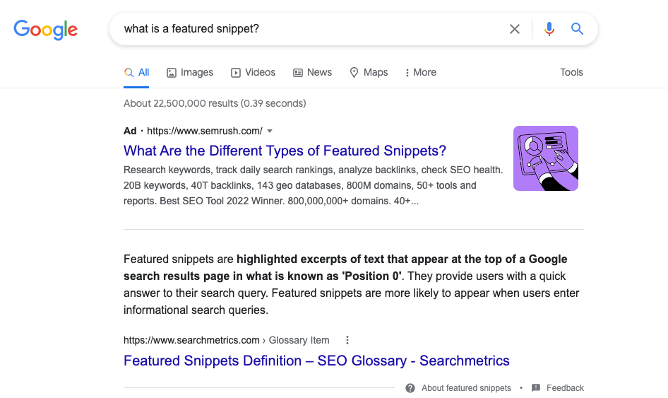 Google results for “what is a featured snippet”