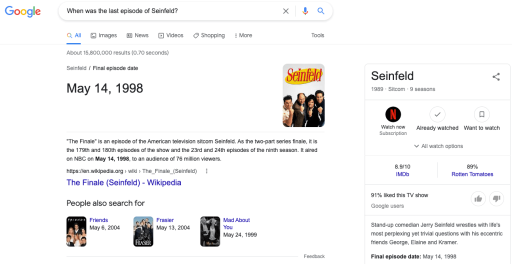 Google results for “when was the last episode of Seinfeld?”, a keyword with informational search intent.