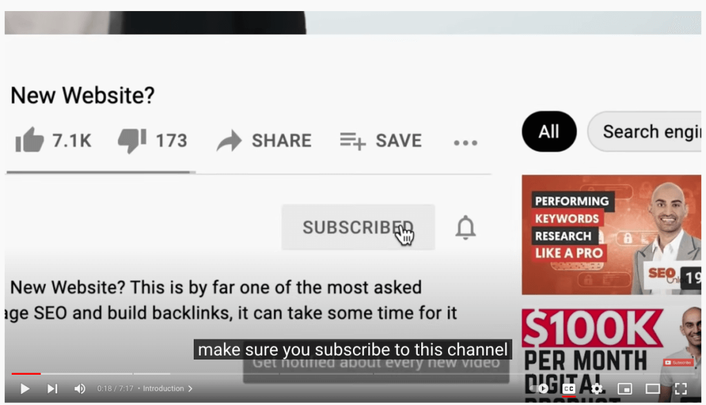 Screenshot of Neil Patel asking people to subscribe