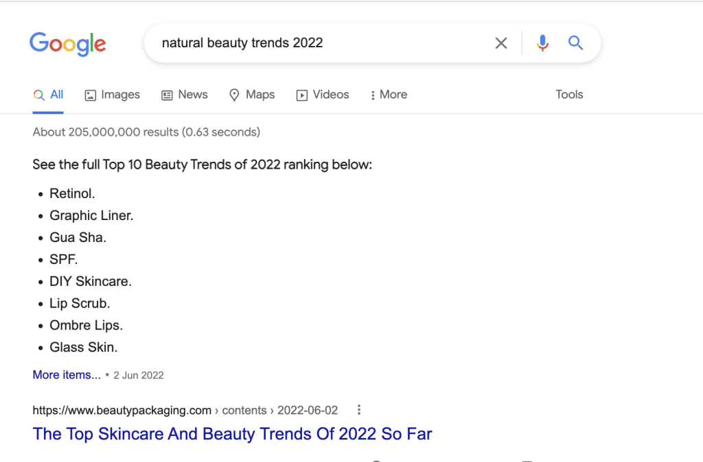 Screenshot of SERP results for natural beauty trends 2022