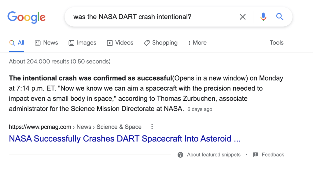 Screenshot of SERP for 'Was the NASA DART crash intetional?'