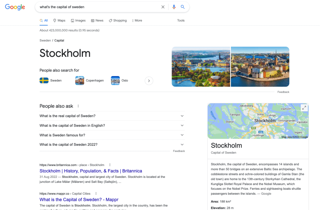 Screenshot of SERP for 'What’s the capital of Sweden?”