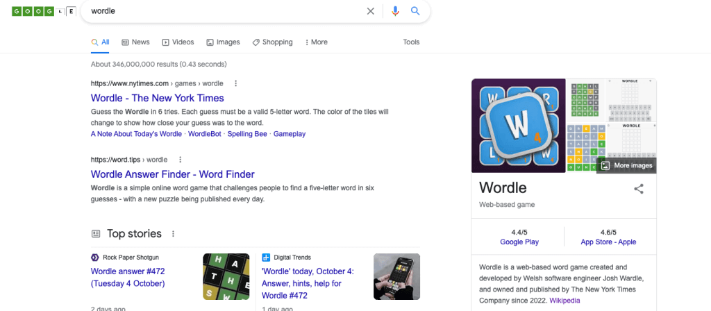 Screenshot of SERP for the keyword ‘wordle’ 