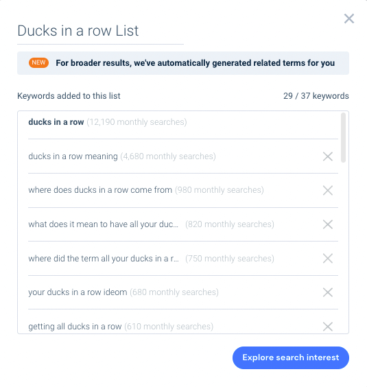 ducks in a row search terms