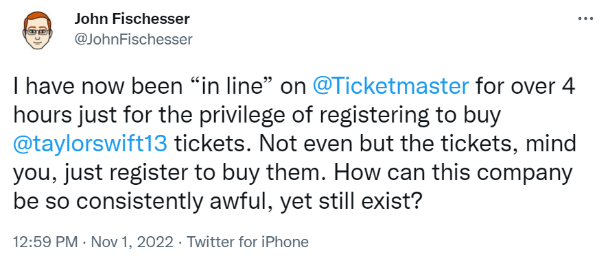 Taylor Swift fan tweeting about long line in ticketmaster.com