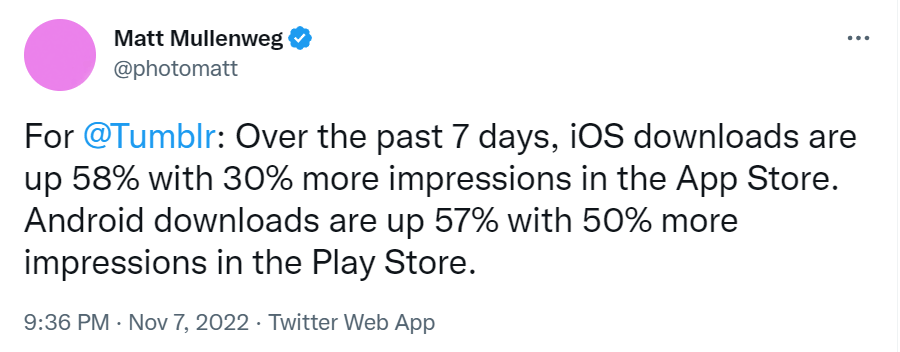 screen capture of tweet by Matt Mullenweg