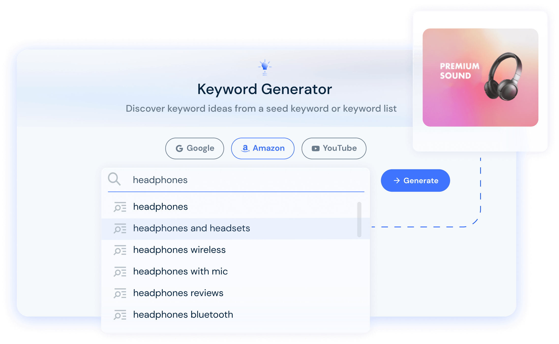 Generate keywords from Google, Amazon and YouTube